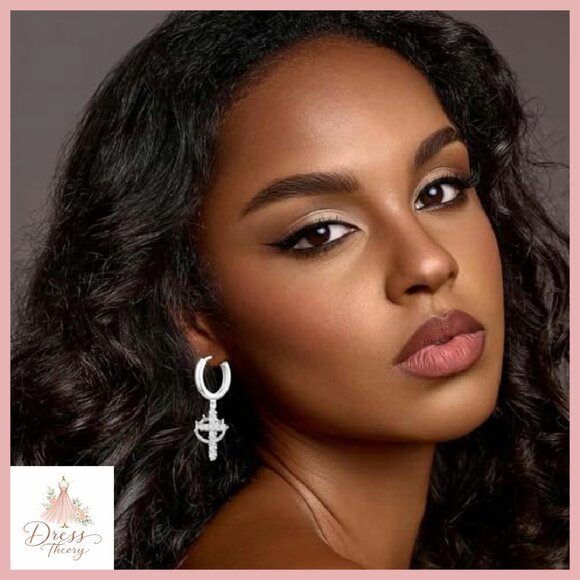 Silver Cross Dangle Earrings with Rhinestones, 360° Rotating Design - Picture 4 of 7